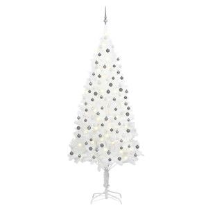 Weißer, künstlicher Weihnachtsbaum (240 cm) mit LEDs und silbernen Kugeln.
