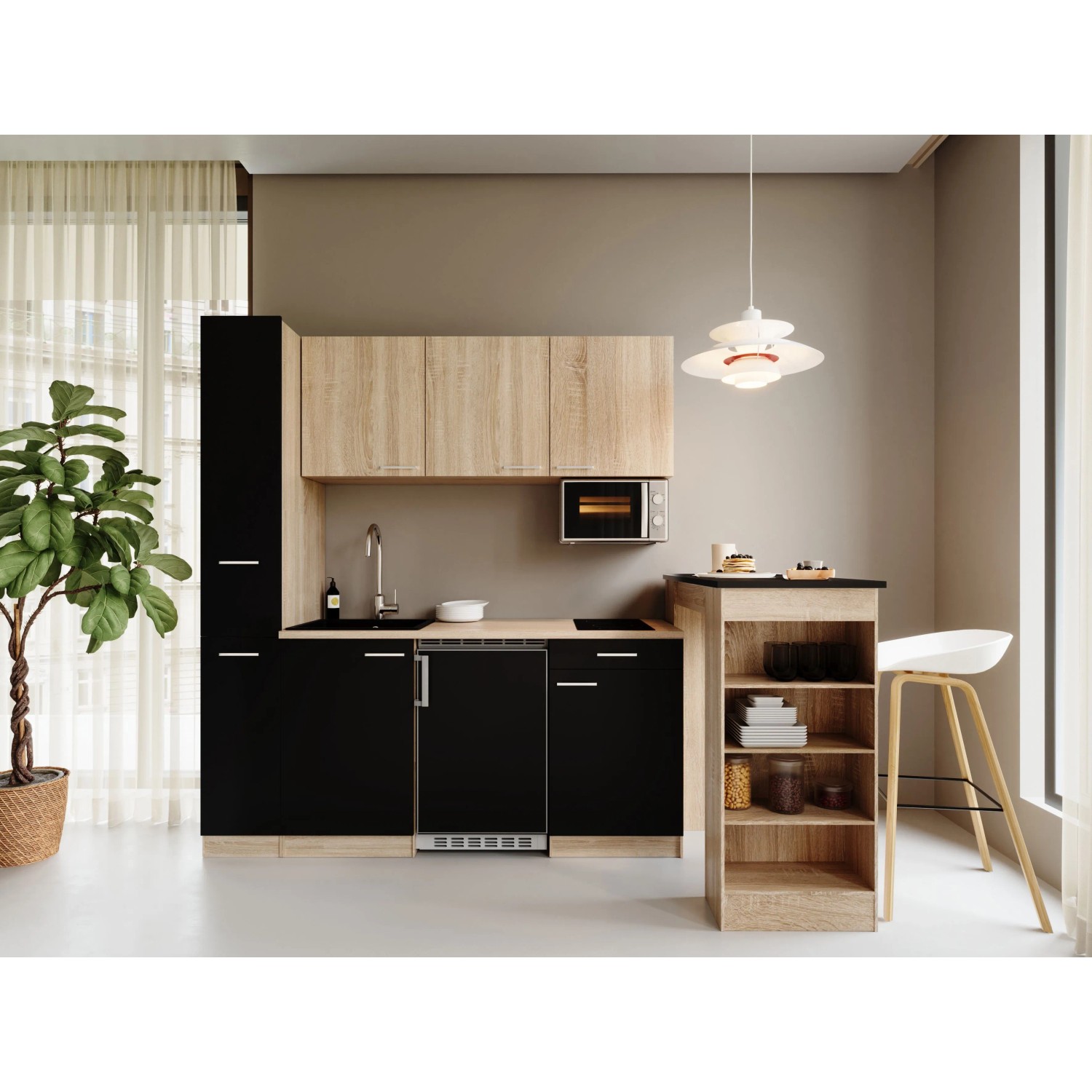 Respekta Ingrid Singleküche 180 cm Schwarz inkl. Mikrowelle Bartisch und Apo.