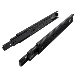 Zwei schwarze SOTECH Vollauszüge aus Stahl, kugelgelagert, 650 mm, 45 kg Tragkraft für Schubkästen.