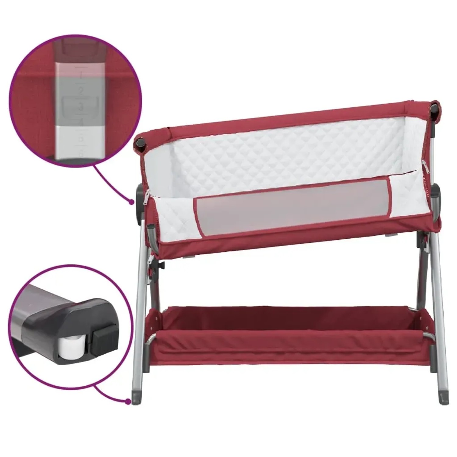 Rot-farbenes vidaXL Babybett mit Matratze, höhenverstellbar und mit Aufbewahrungskorb.
