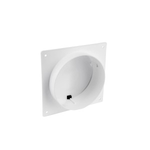 Weißer Maueranschlussstutzen System 150 mit Rückstauklappe für Lüftungssysteme.