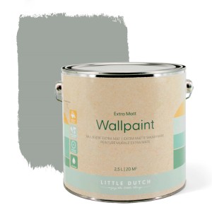 Little Dutch Wandfarbe Dusty Grey, 2,5 l, matte, graue Farbe im Eimer mit Farbfleck.