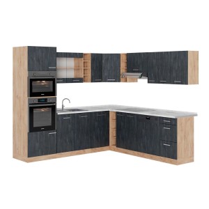 Vicco R-Line Einbauküche in L-Form, Schwarz Beton/Goldkraft Eiche, mit Marmor Arbeitsplatte.