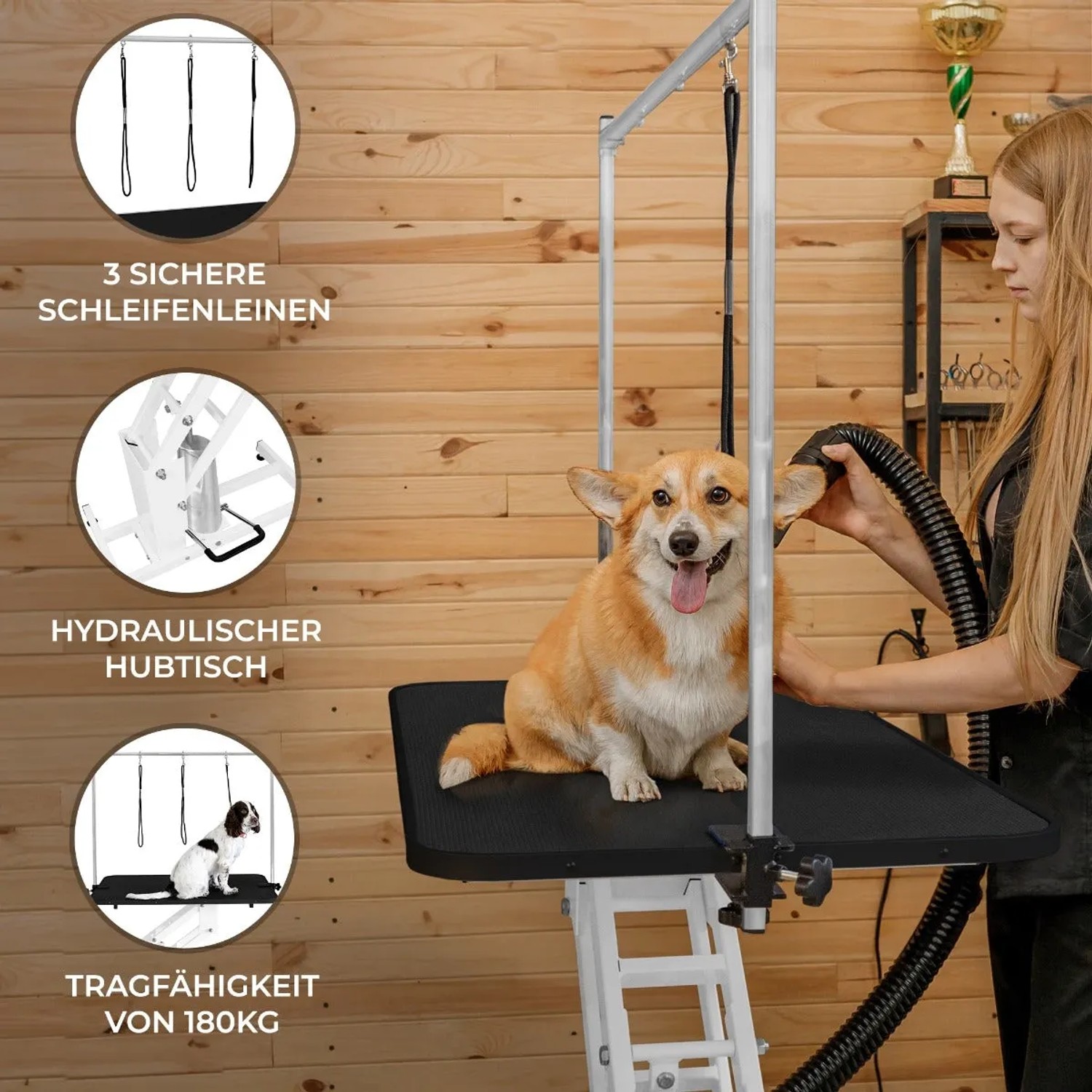 Weißer, hydraulischer Pflegetisch mit schwarzer Tischplatte und Hund für die Hundefellpflege.