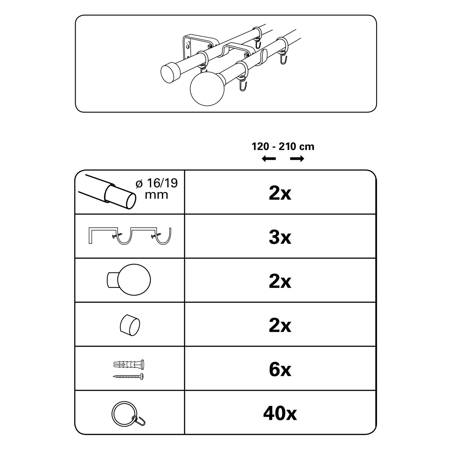 Gardinia Gardinenstangen-Set Kugel, Edelstahloptik, 120-210 cm, mit Zubehör.