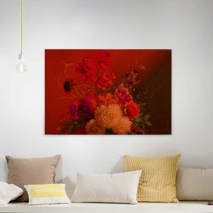 Leinwandbild mit Blumenstillleben in Rottönen, Wandbild für Wohnzimmer und Schlafzimmer.