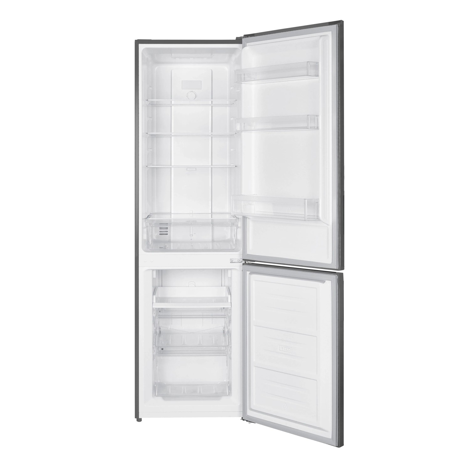 PKM Kühl-Gefrierkombination Inox, offen. Heller Innenraum mit Glasablagen und Gefrierschubladen.