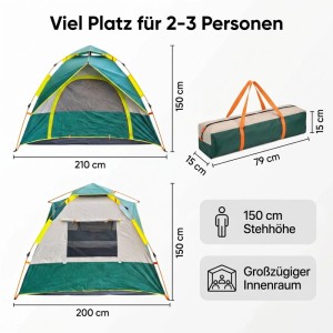 Evocamp Wurfzelt 2 Personen Automatik Pop Up Zelt Wasserabweisend UV Schutz Festivalzelt 210x200x150 cm