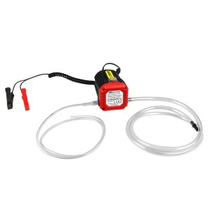 APA Ölabsaugpumpe 12V mit Batterieklemmen und transparenten Schläuchen.