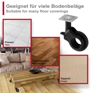 SOTECH Möbelrolle BONN Ø60 mm schwarz mit Bremse, für Fliesen, Parkett, Teppich. Belastbar 30 kg.