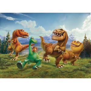 Disney Fototapete mit Arlo und Spot, grüne und blaue Dinosaurier vor Berglandschaft.
