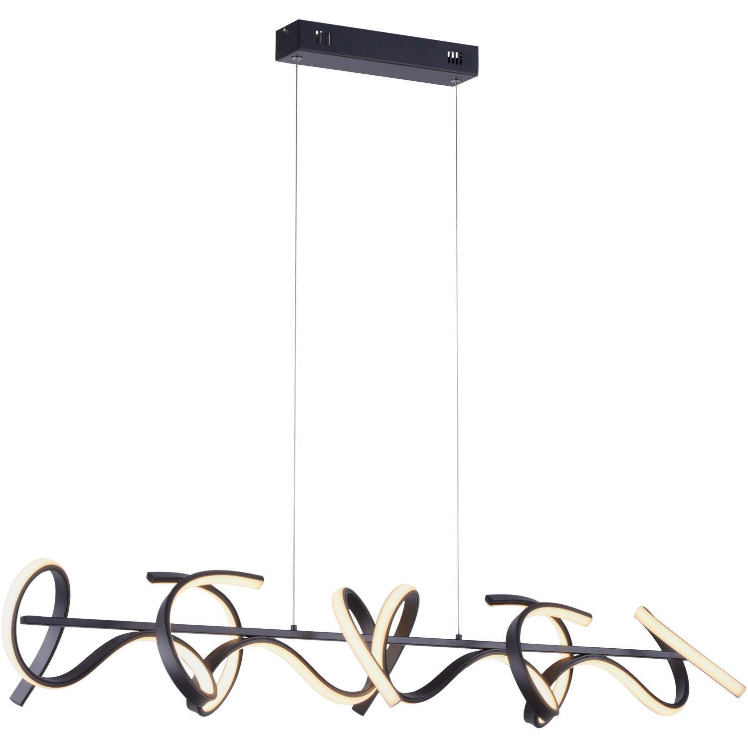 Moderne LED-Pendelleuchte Curls in Schwarz, 99x21 cm. Dimmbar, warmweißes Licht für Wohnräume.