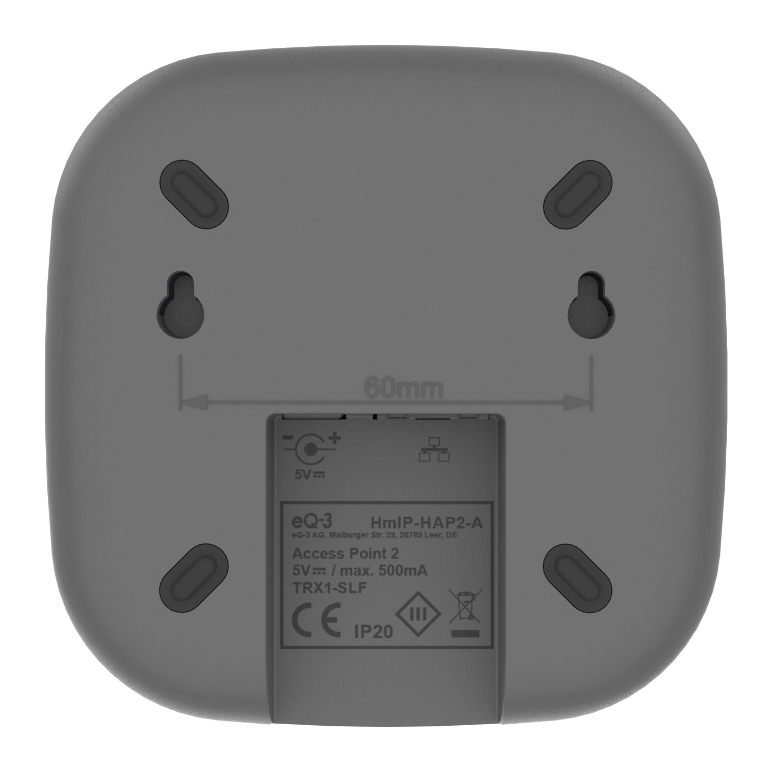 Rückseite des Homematic IP Access Point 2 in Anthrazit mit Montagevorrichtung.