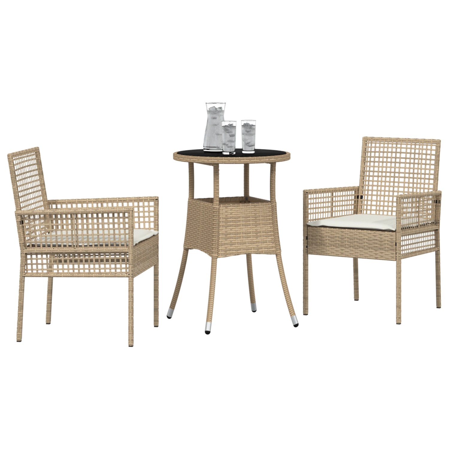 Beige 3-tlg. Garten Essgruppe aus Poly Rattan mit Tisch und zwei Stühlen.