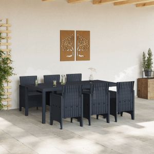 7-teiliges Garten Esstischset von vidaXL aus anthrazitfarbenem Poly Rattan mit Tisch und 6 Stühlen.