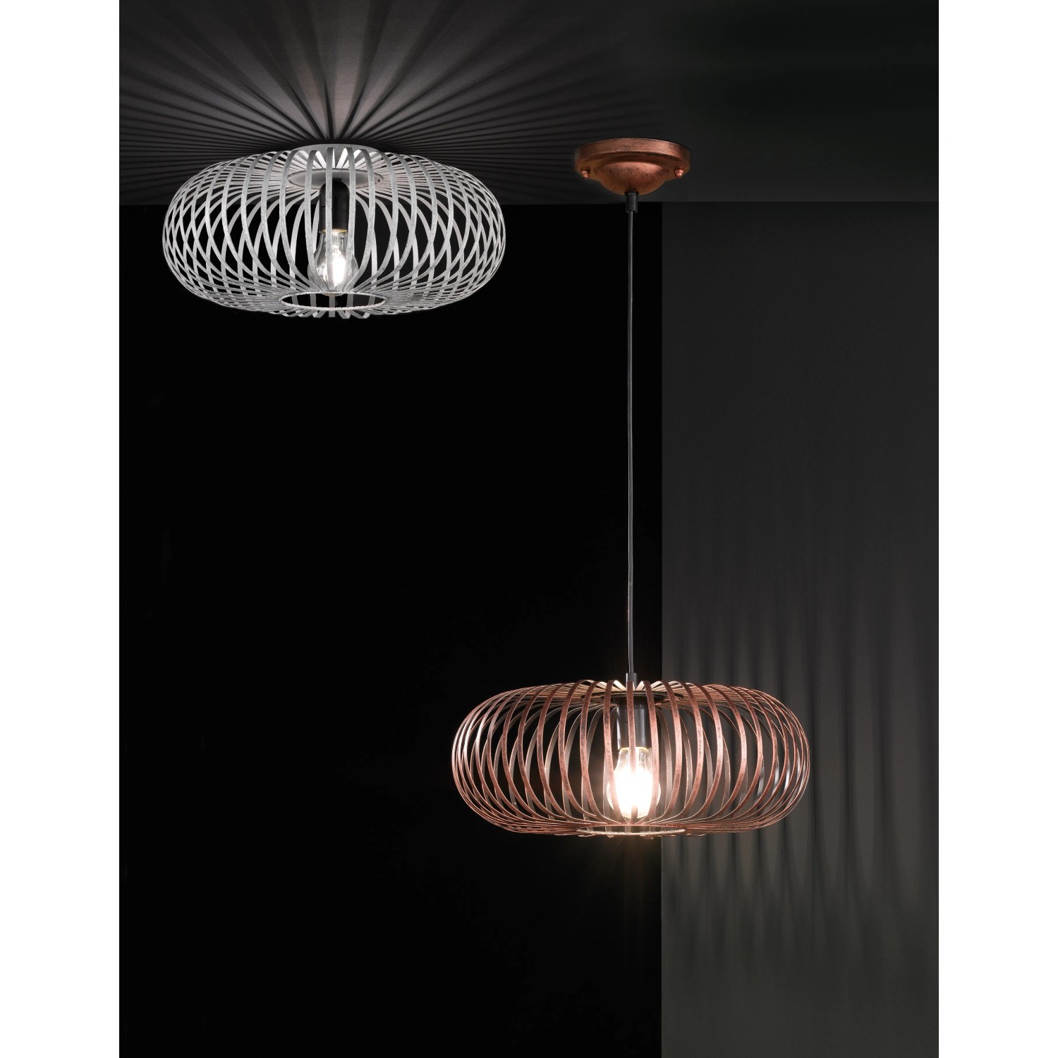 Trio Deckenleuchte Johann, antik Kupfer, mit dekorativem Lichtspiel, Deckenlampe und Hängeleuchte.