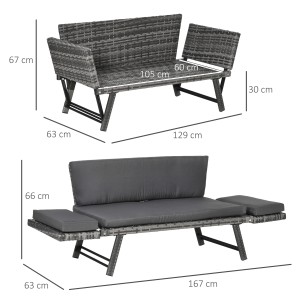 Graues Outsunny Rattansofa aus PE-Rattan mit Stahlrahmen und dunklen Polstern, ausklappbare Armlehnen in Sitz- und Liegeposition.