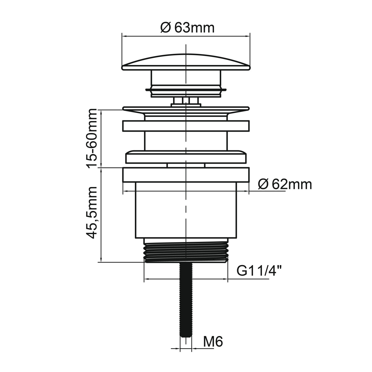 Technische Zeichnung: baliv Push-Ventil PV-3460, Auslaufventil mit Maßen.