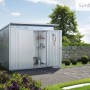 Metall Gerätehaus AvantGarde Gr. A1 in Silber-Metallic mit geöffneter Doppeltür.