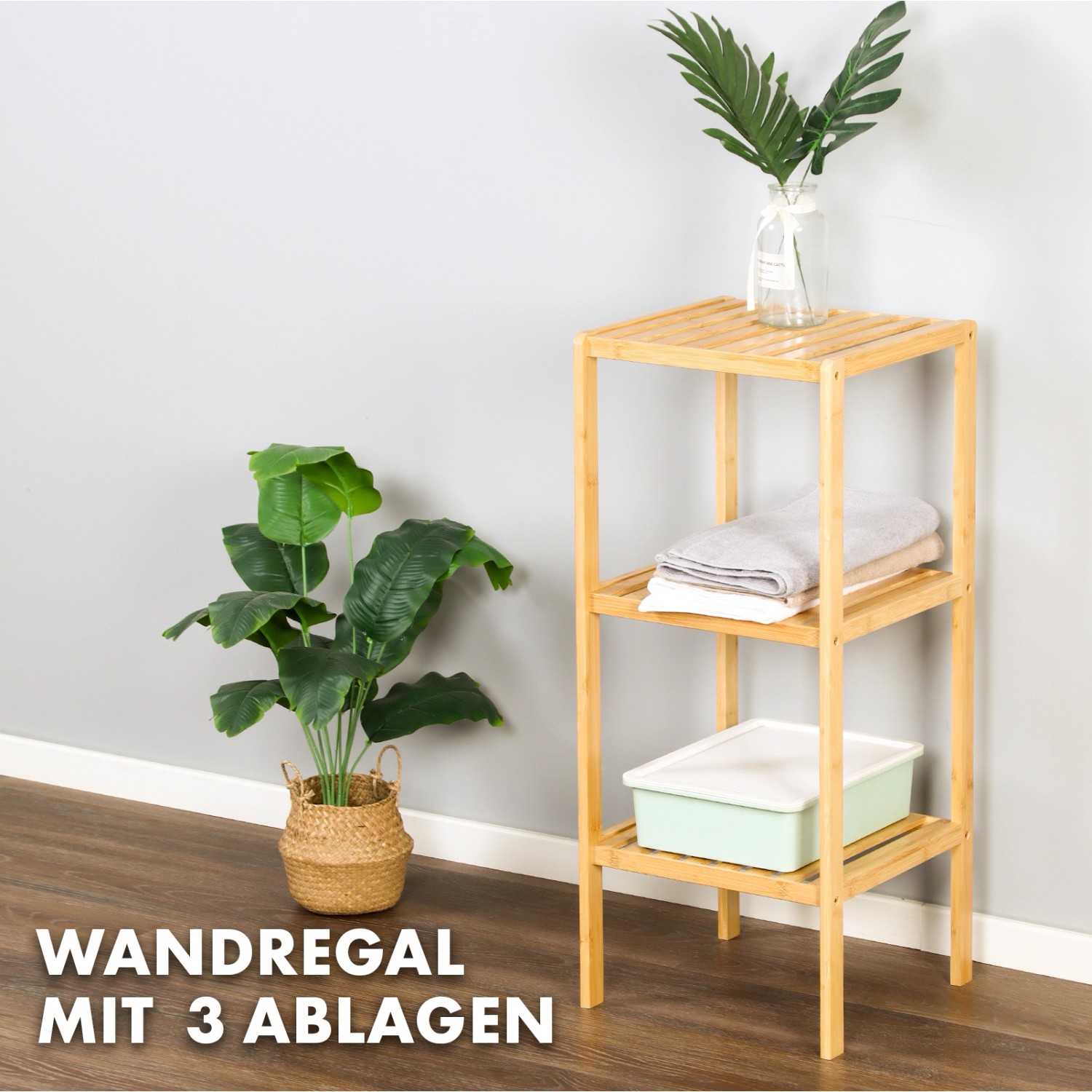 Platzsparendes Bambus Standregal mit 3 Ablagen, ideal für Bad oder Wohnzimmer.