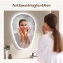 Asymmetrischer Emke LED Badspiegel 80x60 mit Anti-Beschlag und dimmbaren Lichtfarben.