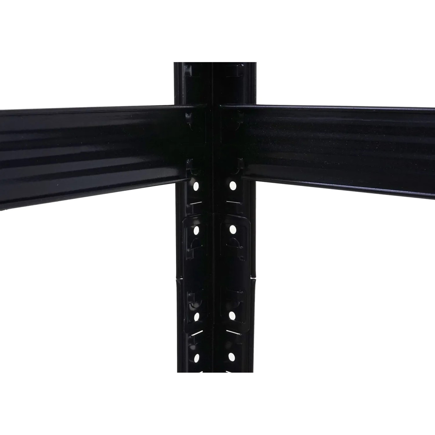 Detailaufnahme: Schwarzes MCW Schwerlastregal E33, Stecksystem ohne Schrauben.