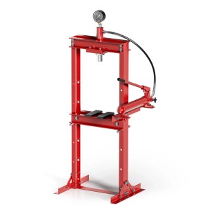 Rote Wiltec 12T Hydraulikpresse mit Manometer. Robuste Stahl-Werkstattpresse für präzise Pressarbeiten und Lager.