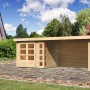 Karibu Holz-Gartenhaus Sölve, unbehandelt, mit Flachdach und Anbau im Garten.