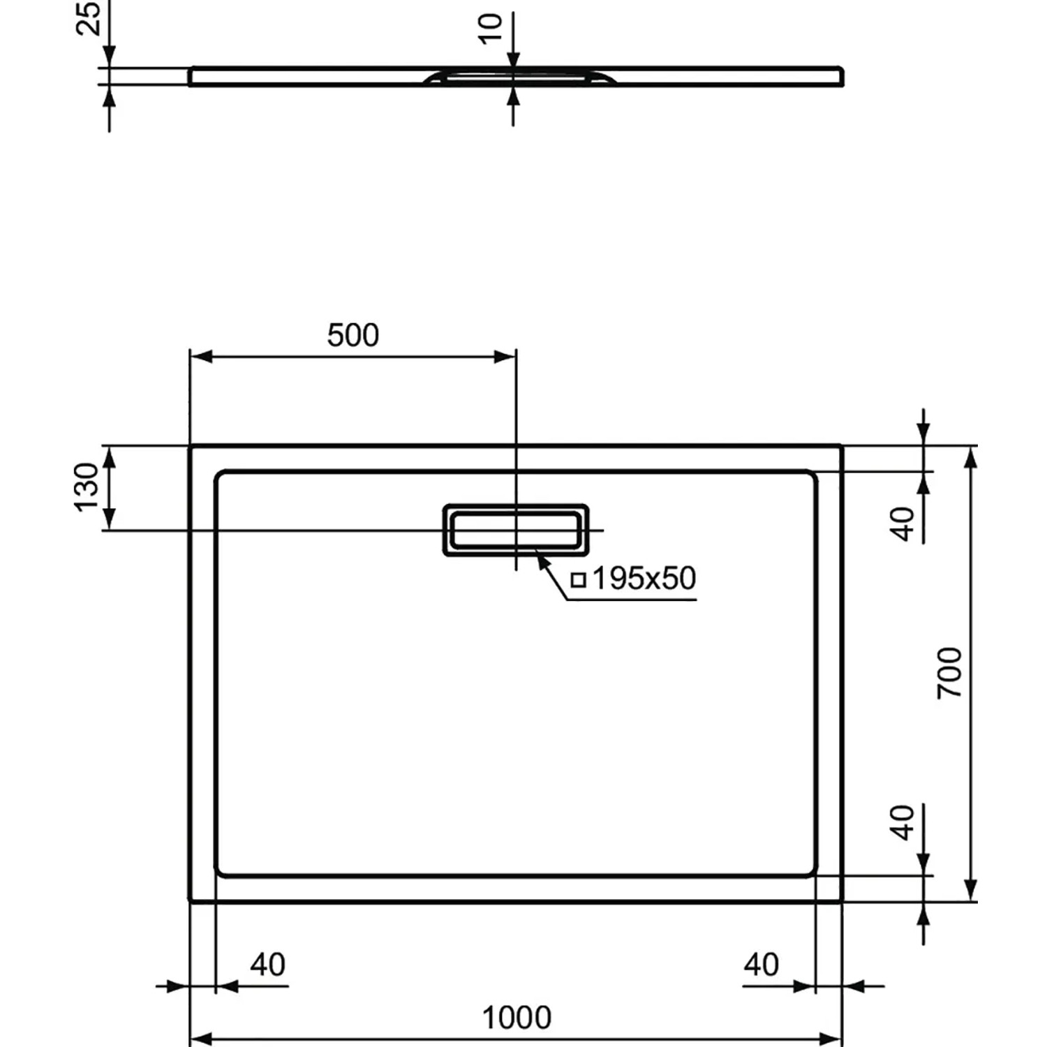 Technische Zeichnung: Ideal Standard Duschwanne Extraflach, rechteckig, 100x70 cm.