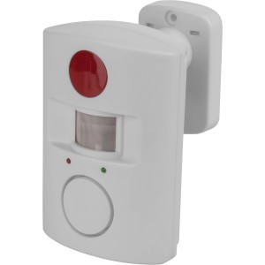 Weißes Alarmsystem mit Bewegungsmelder und rotem Alarmknopf zur Einbruchabschreckung.