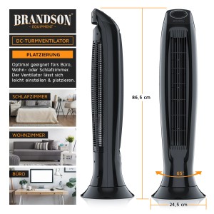 Schwarzer Brandson Turmventilator mit Fernbedienung, Timer und Oszillation. Leiser DC Motor für bis zu 60% Energieersparnis.