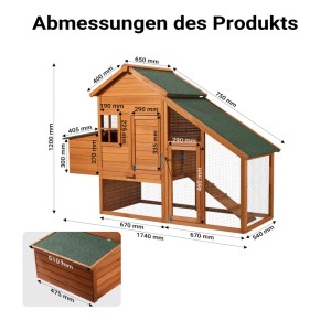 Wiltec Hühnerstall aus Fichtenholz mit Freilauf, Nistkasten und grünem Dach. Alle Maße des Hühnerhauses.