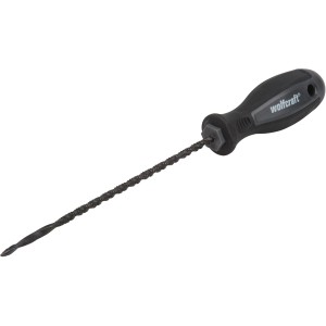 Wolfcraft Bohrsäge für Plattenmaterial mit schwarzem Griff und spiralförmigem Sägeblatt.