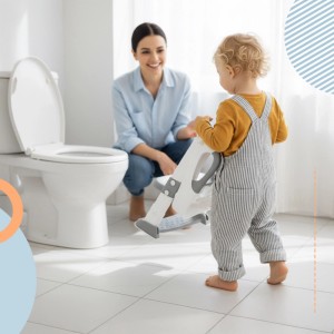 Grau-weißer Kindertoilettensitz mit Leiter, Kind lernt Toilettengang. Klappbarer, höhenverstellbarer WC-Sitz.