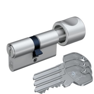 Basi Profil-Knaufzylinder, K40/27 mm, gleichschließend, mit 3 Schlüsseln aus matt vernickeltem Messing.