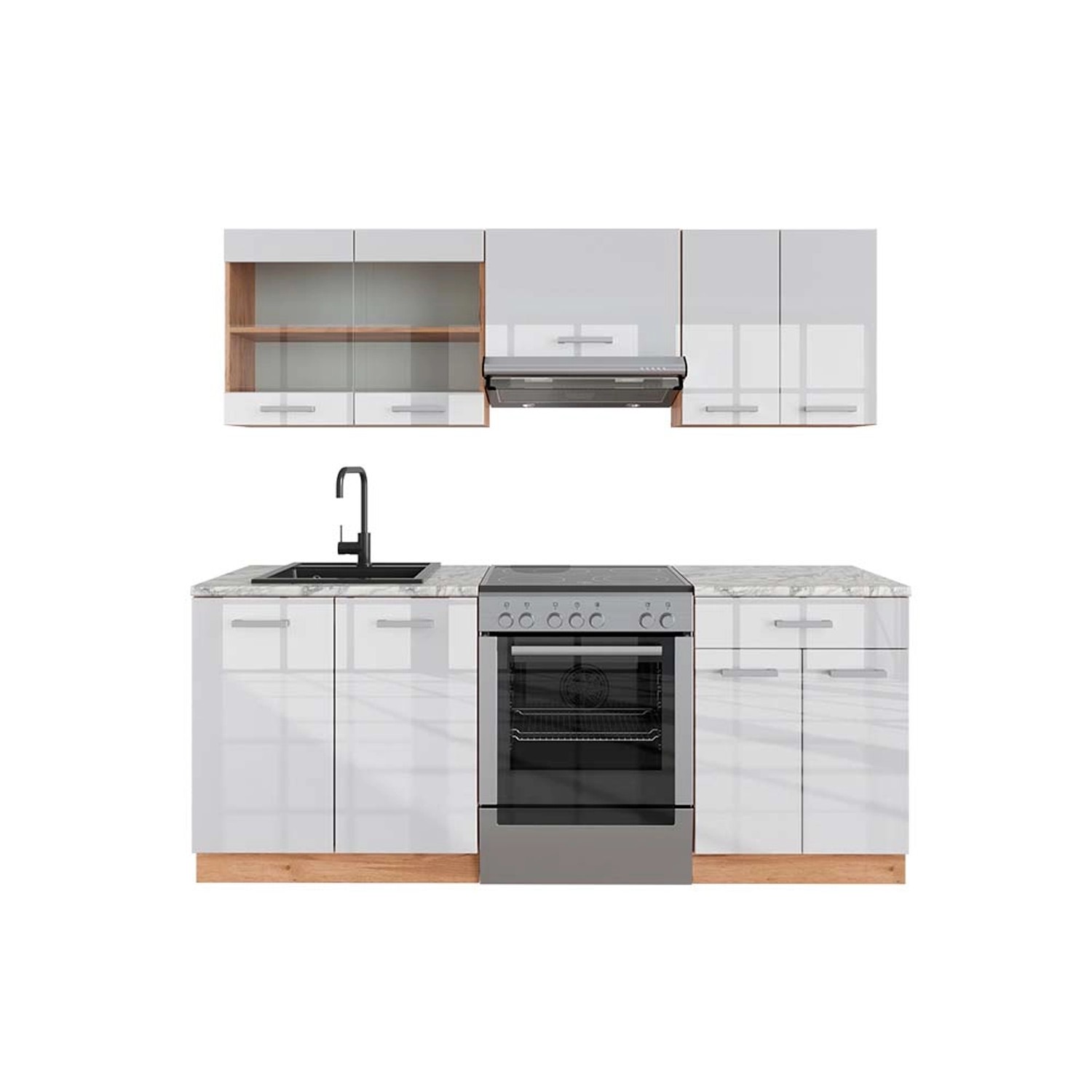 Vicco R-Line Küchenzeile Weiß Hochglanz/Goldkraft Eiche 200 cm AP Marmor günstig online kaufen
