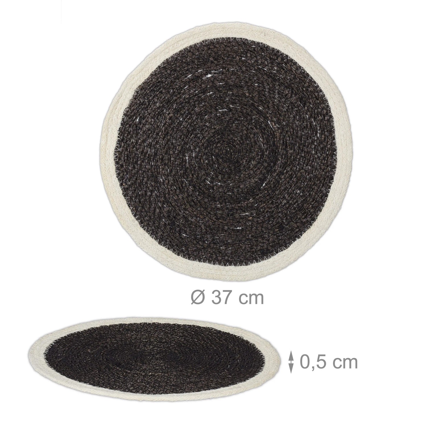 Rundes, geflochtenes Seegras Tischset in Schwarz und Creme, 37 cm Durchmesser. Ideal als hitzebeständige Platzdecke.