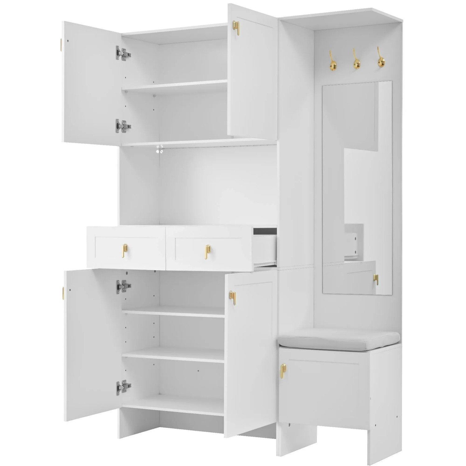 Okwish Garderobenset Mit Spiegel Schuhbank Haken Flur 120x33x180cm Weiß