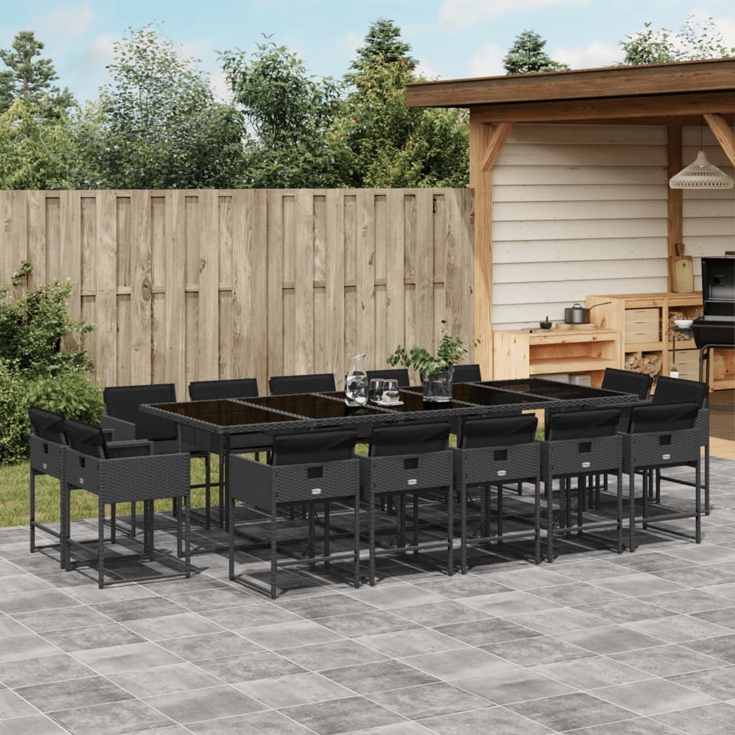 vidaXL 15-tlg. Garten Essgruppe aus Poly Rattan, schwarz, mit Tisch, Stühlen und Kissen.