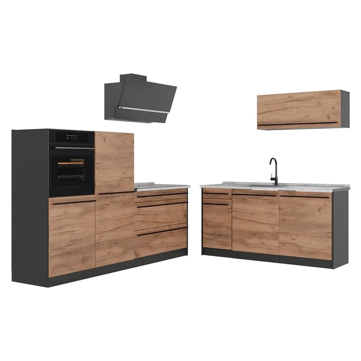 Vicco Küchenzeile R-Line Goldkraft Eiche/Anthrazit 220 x 143 Arbeitsplatte Marmor Art Nr 65937
