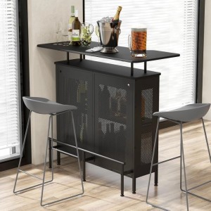 Schwarzer Costway Bartisch mit Weinregal, 120x50x106,5 cm, inklusive Barhockern.