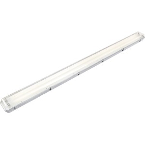 Graue Feuchtraumleuchte mit zwei Leuchtstoffröhren für Bad, Küche oder Keller.