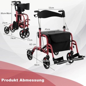 Costway Rollator Faltbar und Leicht mit Sitz 2-In-1 Rollstuhl Rot