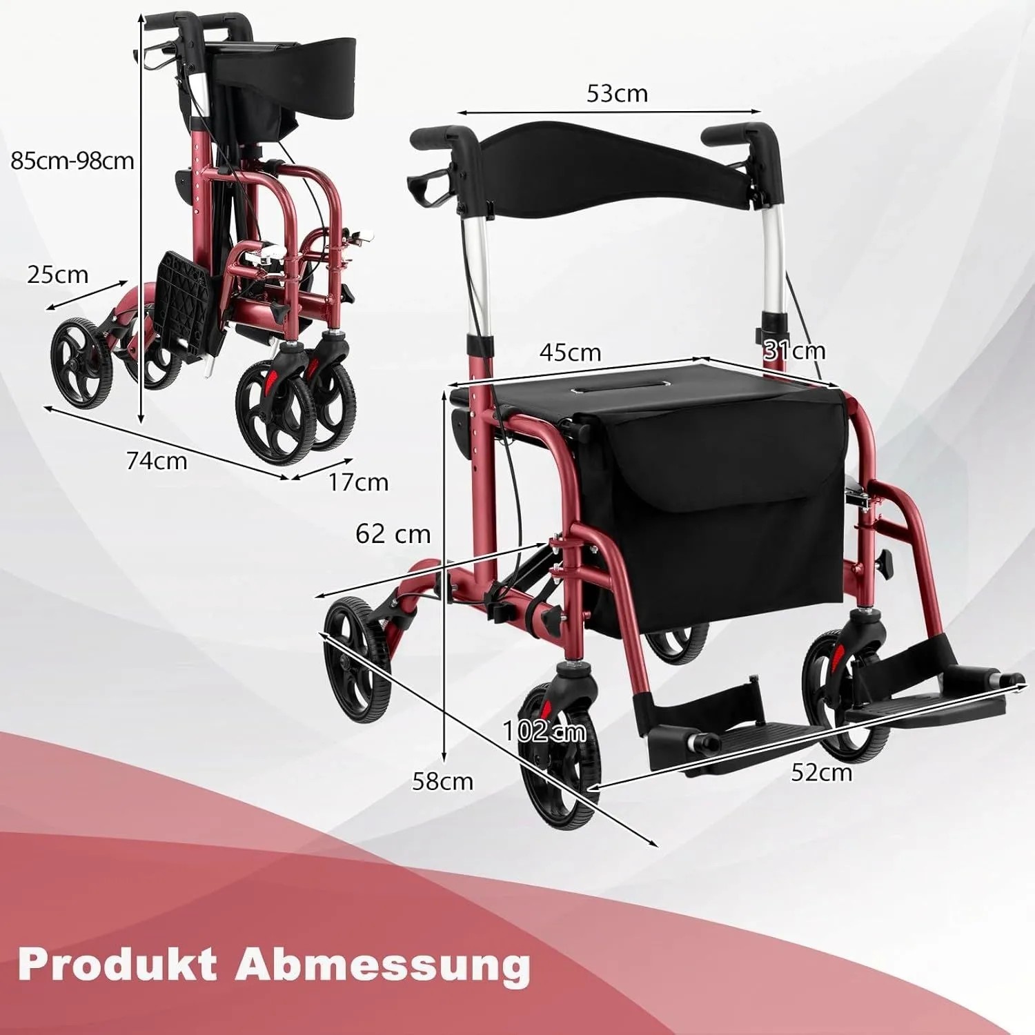 Costway Rollator Faltbar und Leicht mit Sitz 2-In-1 Rollstuhl Rot_3
