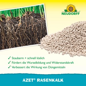 Neudorff Azet Rasenkalk: Kalkgranulat und Rasenwurzeln für gesunden, grünen Rasen.