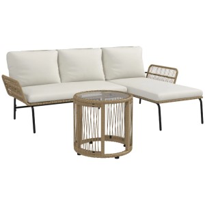 Outsunny Gartenmöbel Set: Rattan-Sofa mit Liege, runder Couchtisch, cremeweiße Kissen. Für Terrasse & Balkon.