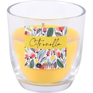 Hellgelbe Citronella Kerze im Glas (7,5 cm) zur Mückenabwehr. Duftkerze für den Sommer.