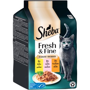 Sheba Fresh & Fine Katzen-Nassfutter, 6x50g Portionsbeutel mit Huhn, Truthahn und Lachs in Sauce.