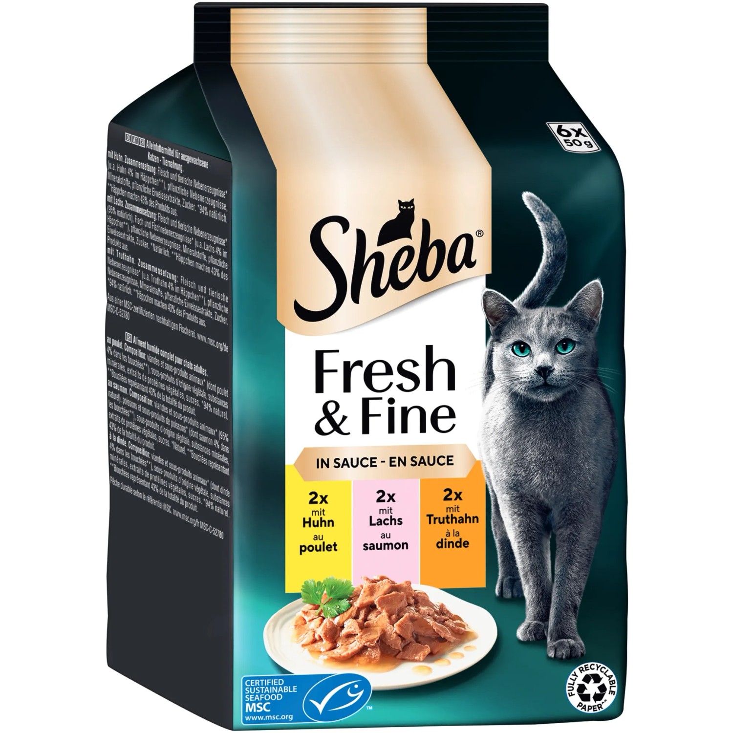 Sheba Katzen-Nassfutter Fresh & Fine Huhn, Truthahn & Lachs in Sauce 6 x 50 g