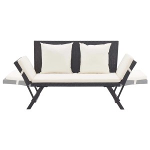 Schwarze VidaXL Gartenbank aus Poly Rattan mit Kissen, verstellbar zur Liege.